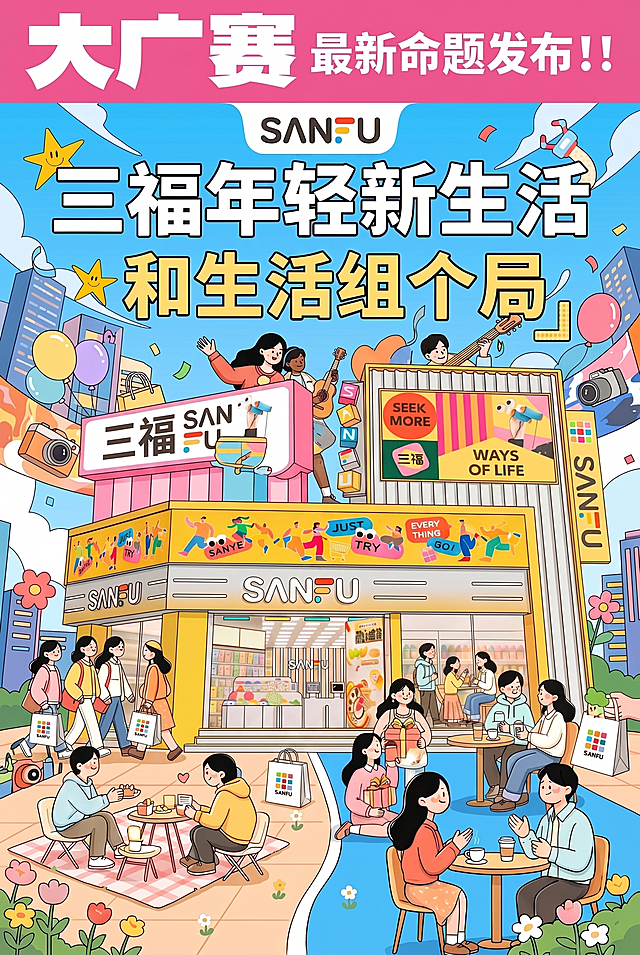 将图中所有购物袋都替换成带有三福彩色logo的白色购物袋，保持海报整体风格和其他内容不变