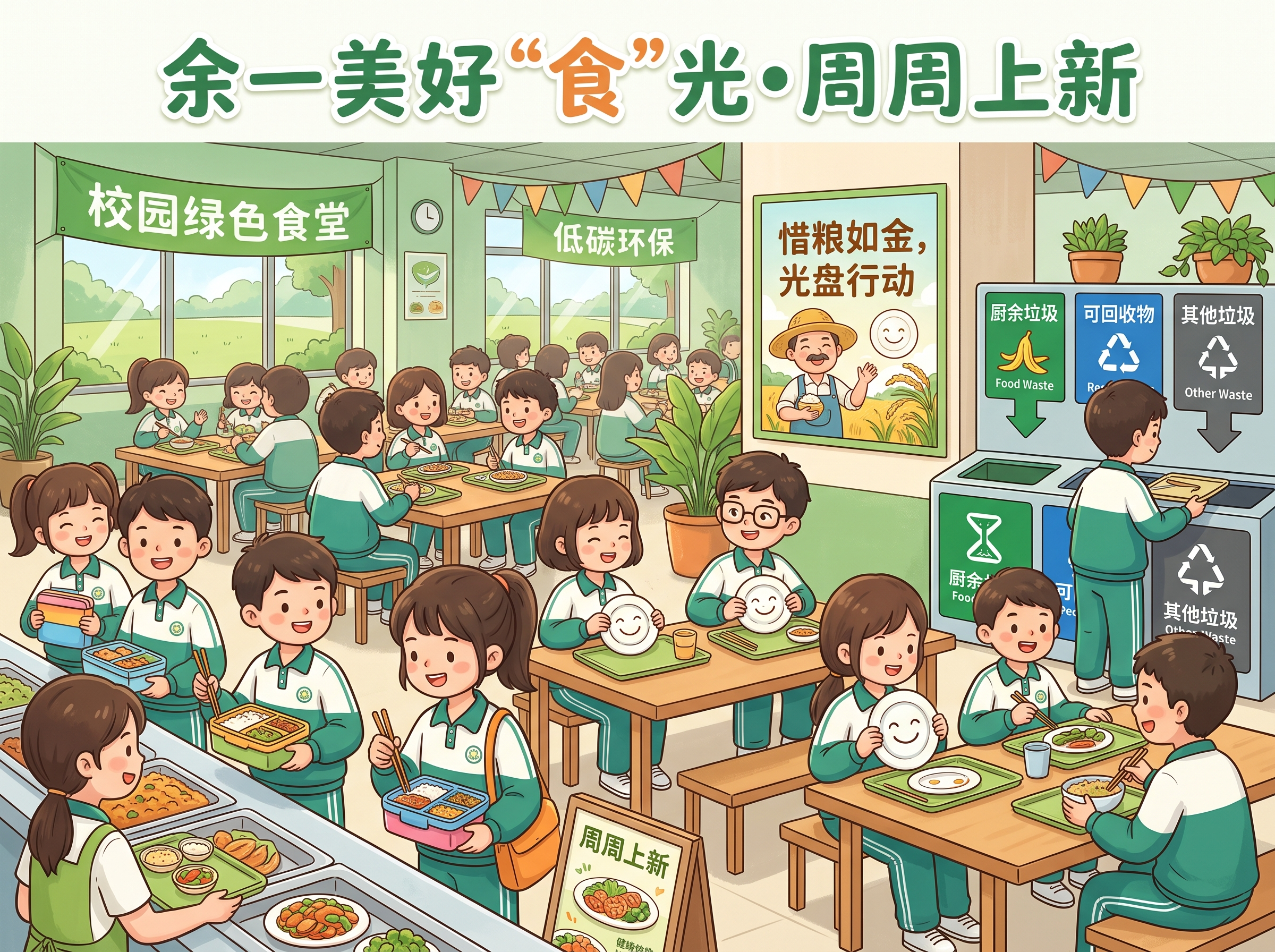 余一美好“食”光•周周上新 校园绿色食堂绿色食谱动画配图，清新… - 图片创意预览