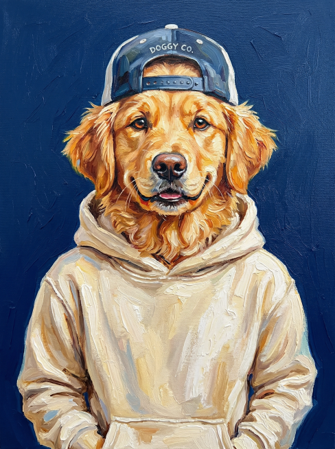 超现实主义拟人化动物肖像油画，融合写实油画技法与波普艺术明快色彩，现代创意肖像绘画。纯净深蓝色纯色背景，无多余具象场景元素，简洁干净衬托主体。画面中心是拟人化狗狗的上半身正面朝向观者，为视觉核心：狗狗预览效果