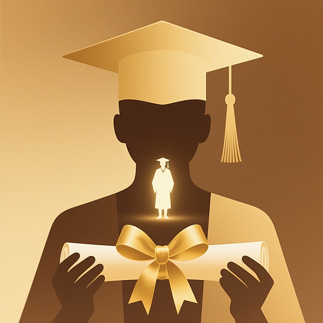 简约风格金榜题名主题插画，以渐变金棕色为主色调，中心构图，前景为手持卷轴的毕业生剪影，头戴学士帽，帽穗垂下，卷轴用金色丝带系成蝴蝶结，剪影内部中央有一个发光的小型毕业生长袍剪影，整体采用平滑的数字艺术渐变质感，光影柔和过渡，营造庄重而荣耀的氛围，视觉层级清晰，信息传达直接，符合庆祝学业成就、传递金榜题名喜悦的目的，设计简洁现代，无多余装饰元素，留白充足。