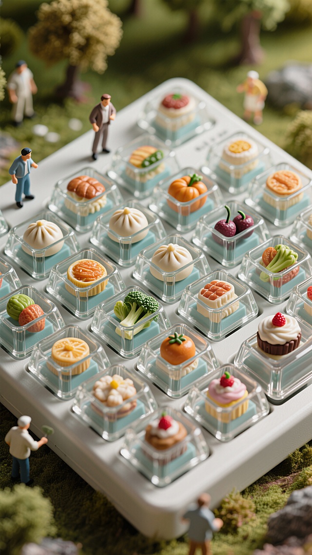 透明机械键盘键帽内嵌微缩食物模型，包子/水果/蔬菜/甜点分层排列，玻璃质感键帽外壳展示食物细节，3D写实渲染，顶视角俯拍，暖色调美食摄影，景深控制，微距镜头，电商主图设计