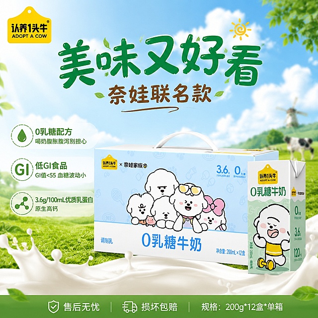 [主图-1] 认养一头牛奈娃联名款0乳糖牛奶电商主图，参考图1的清新自然牧场风格，画面同时展示图2的整箱产品和图3的单盒产品，产品整体放大突出，商品主体占比约70%。
[氛围风格] 清新自然食欲感，搭配牧场草地蓝天白云场景，和参考图一致的明亮活泼风格；
[画质] 商业摄影质感，光线柔和通透，产品清晰真实，画面干净高级，精细化处理产品细节。
[元素] 整箱牛奶和单盒牛奶同时展示，保持产品外观、物理结构、材质质感、颜色和输入产品图绝对一致，杜绝任何变形和色差，前景搭配飞溅的牛奶效果和点缀的新鲜绿叶，背景是清新的绿色牧场蓝天，远处点缀奶牛和风车，还原参考图的自然清新氛围。左上角保留认养一头牛品牌Logo，和原产品Logo保持一致。
[光影] 自然暖调日光，主光从左侧照射，整体光线明亮通透，柔和自然，产品有清晰明暗层次，背景光影自然。
[配色] 主色调为清新绿色和浅蓝色，搭配产品本身的白色、黄色和卡通形象的彩色，整体清新明亮。
[视角构图] 平视视角，产品居中摆放，画面饱满，前景中背景层次清晰，景深适中，产品完整不裁切，满屏无边框。
[文字版式] 上方放置大字主标题：美味又好看，绿色粗体最大字号，清晰醒目；主标题下方是副标题奈娃联名款，棕色字号约为主标题一半；主标题左下方分三行排列卖点文案，每行一个卖点：0乳糖配方 喝奶腹胀腹泻别担心，低GI食品 GI值<55 血糖波动小，3.6g/100mL优质乳蛋白 原生高钙，文字字号比副标题小一点，清晰可读；画面底部放置规格和售后文案：售后无忧 损坏包赔 规格为200g*12盒*单箱，文字字号小一点放在底部安全边距内；所有文字颜色和背景对比强烈，文字清晰可辨，不遮挡产品主体，大字突出卖点，文字占比符合规范。
[输出要求] 1:1比例，800*800尺寸，文字清晰锐利，超高清商业摄影质感；
[负向提示词] 变形，文字错乱，产品图模糊，背景杂乱，水印，电商平台Logo，多余标注，价格信息，遮挡产品主体