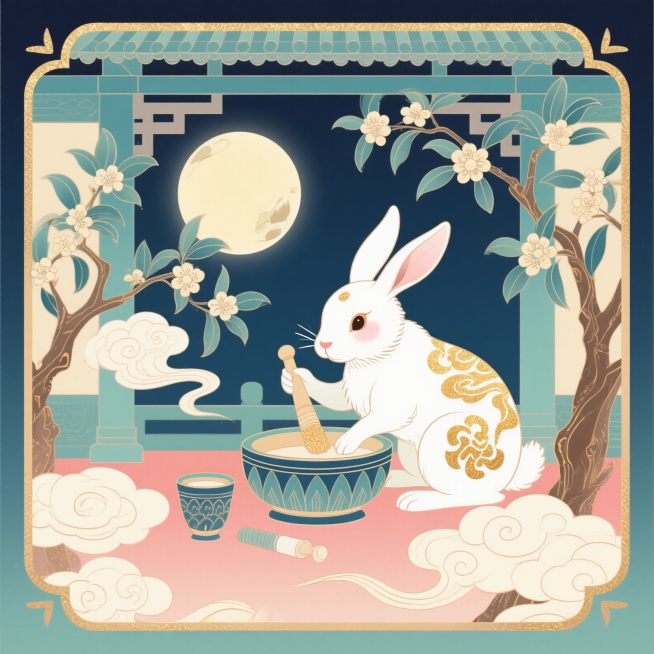 中国神话场景，玉兔在月宫中捣药，周围有桂树、祥云，整体风格典雅古朴，色彩柔和，充满神话氛围预览效果