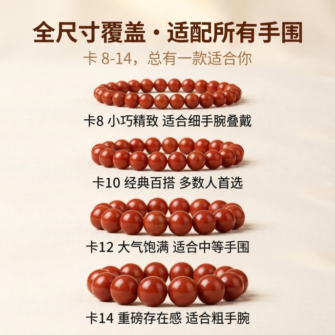 [主图 4 多尺寸选择]
[主图主题] 南红手串全尺寸覆盖展示
[氛围/风格] 清晰直观，专业选购指南风格
[画面元素] 四款不同尺寸的南红手串（卡8、卡10、卡12、卡14）从上到下依次水平排列在浅预览效果