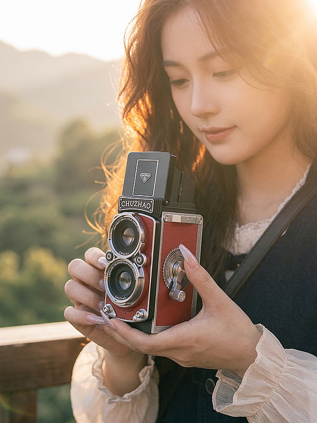 清新柔和风格摄影大片，高颜值美女手持红黑配色复古双反胶片相机CHUZHAO，温柔氛围感，逆光暖光，户外自然场景，文艺复古质感，电影感构图，高清细节