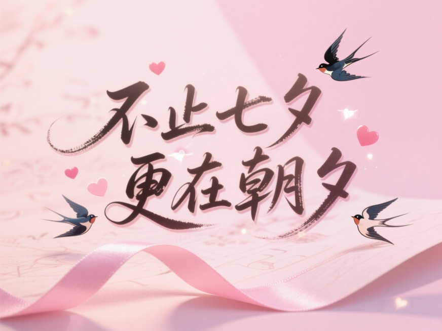 文字“不止七夕 更在朝夕”，底部用丝带装饰，周围点缀喜鹊、爱心，使用粉色系营造浪漫氛围，字体设计模仿古风手写字，轻柔的粉色背景预览效果