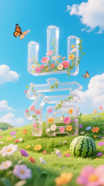 中央是字体设计“山宿”，立体透明大字，字体内部填充鲜花和少量藤蔓，蓝天白云背景，蝴蝶，底部是草地和鲜花、西瓜，近景虚焦预览效果