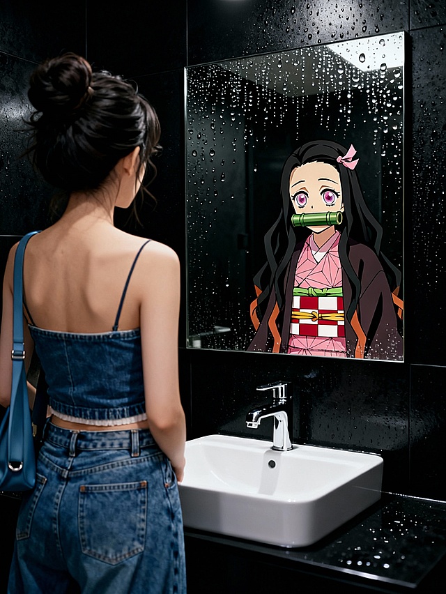 斜拍背面视角，图一人物背对镜头站在浴室洗手池前，注视着镜面；镜中反射出图二角色形象。场景设定为现代黑色系浴室，黑色墙面带有质感，镜面布满水珠，下方是白色洗手池与银色水龙头。