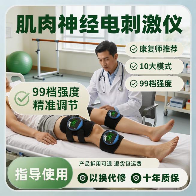 保持原图中两个黑色肌肉神经电刺激仪产品外观完全不变，使用第五种不同的腿部肢体康复动作，更换背景为明亮医院康复评估室，保留原卖点文字内容不变：肌肉神经电刺激仪 康复师推荐 10大模式 99档强度 99档预览效果