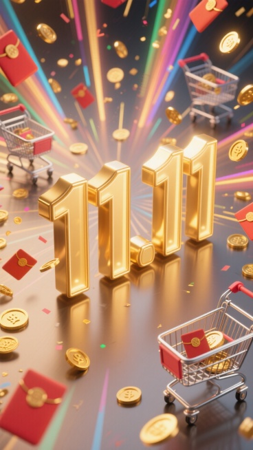 巨大3D数字“11.11”，背景为购物车、红包、放射线、金币元素组成的场景预览效果