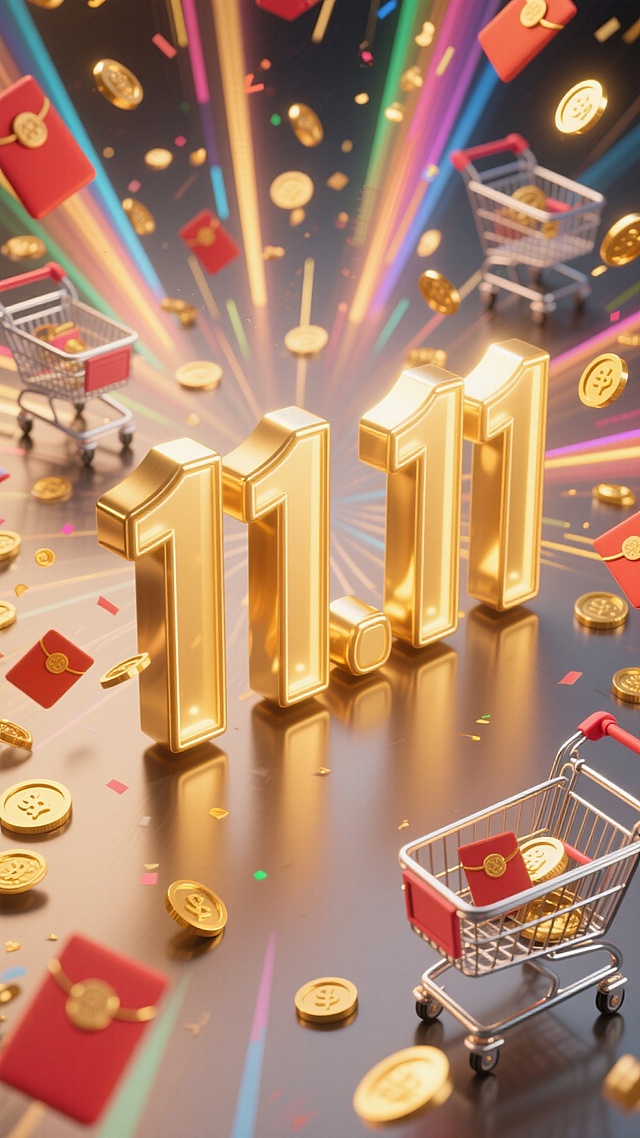 鎏金3D数字“11.11”闪耀中央，金属购物车与红包金币环绕飞舞，粒子光效迸发，融合喜庆、科技与奢华感，营造双十一促销狂欢氛围。
