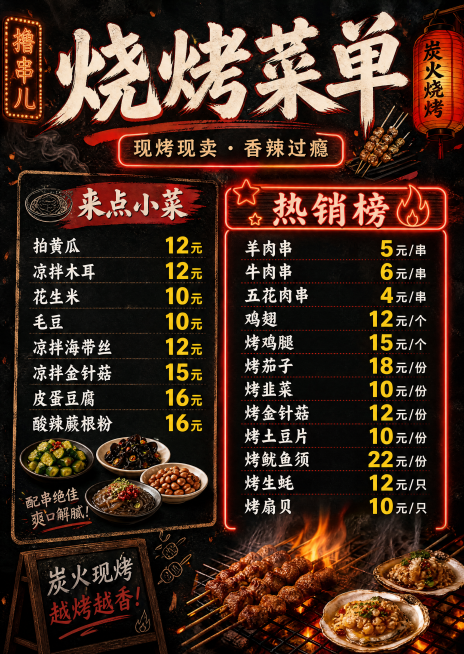 A3竖版烧烤店菜单设计，包含"来点小菜"和"热销榜"两个板块，列出所有菜品和对应的价格，排版清晰整洁，采用市井烟火烧烤风格，深色底搭配醒目标题，红色点缀，突出价格信息。预览效果
