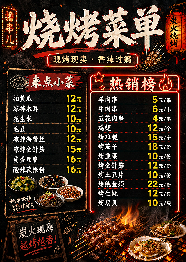 A3竖版烧烤店菜单设计，包含"来点小菜"和"热销榜"两个板块，列出所有菜品和对应的价格，排版清晰整洁，采用市井烟火烧烤风格，深色底搭配醒目标题，红色点缀，突出价格信息。