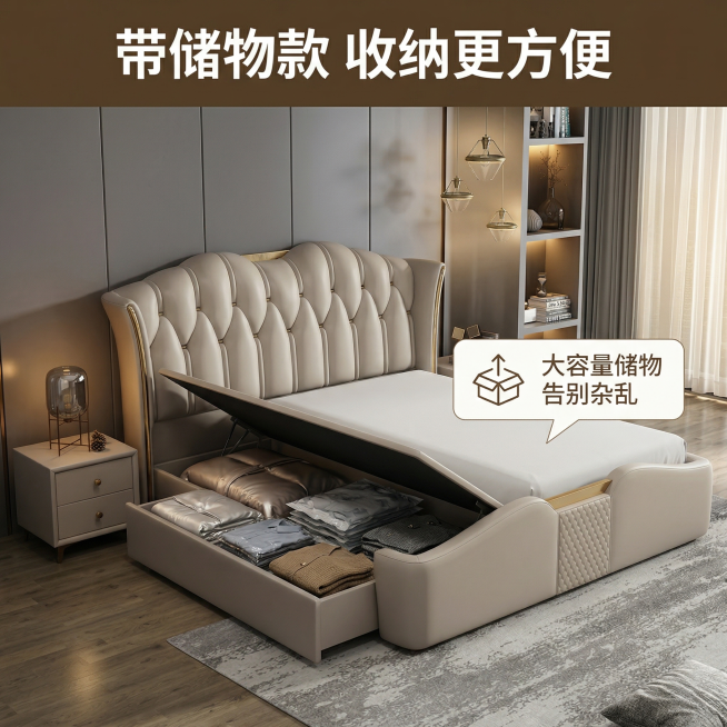 基于提供的米白色软体皮床，生成轻奢法式+现代经典风格拼多多主图，1:1比例。储物功能展示，床侧打开储物箱体，展示内部大容量储物空间，放置被褥、衣物等物品，旁边标注「大容量储物 告别杂乱」。背景为轻奢卧预览效果