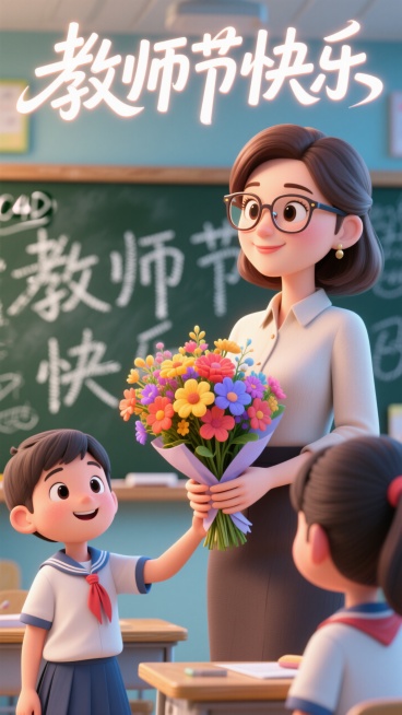 3D卡通风格，特写学生手持花束递给戴眼镜的美女教师，虚化的教室黑板背景带有粉笔字痕迹，"教师节快乐"飘逸文字设计，悬浮在海报顶部，景深效果突出空间层次，前景可以虚化。采用卡通渲染技术增强画面亲和力。c预览效果