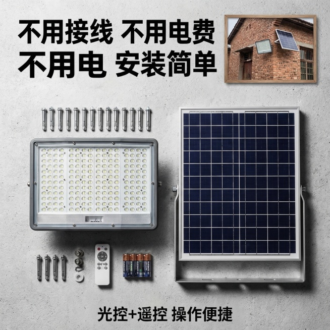 工业风硬光高对比，主体为灰色外壳192颗双珠爆亮大灯珠的400W太阳能投光灯+银色边框太阳能板+配套膨胀螺丝、遥控器、电池，保持产品结构不变，以90度垂直俯视Knolling平铺方式排列在浅灰色水泥台预览效果
