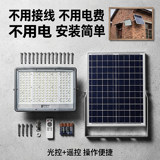 工业风硬光高对比，主体为灰色外壳192颗双珠爆亮大灯珠的400W太阳能投光灯+银色边框太阳能板+配套膨胀螺丝、遥控器、电池，保持产品结构不变，以90度垂直俯视Knolling平铺方式排列在浅灰色水泥台面，背景是自建房外墙安装场景小图在右上角。文字版式：顶部大号粗黑体大字「不用接线 不用电费 安装简单」，底部小字标注「光控+遥控 操作便捷」，白色无衬线字体，悬浮在画面上方，不遮挡产品。背景全屏无边框，光影突出安装配件的齐全和安装的便捷性