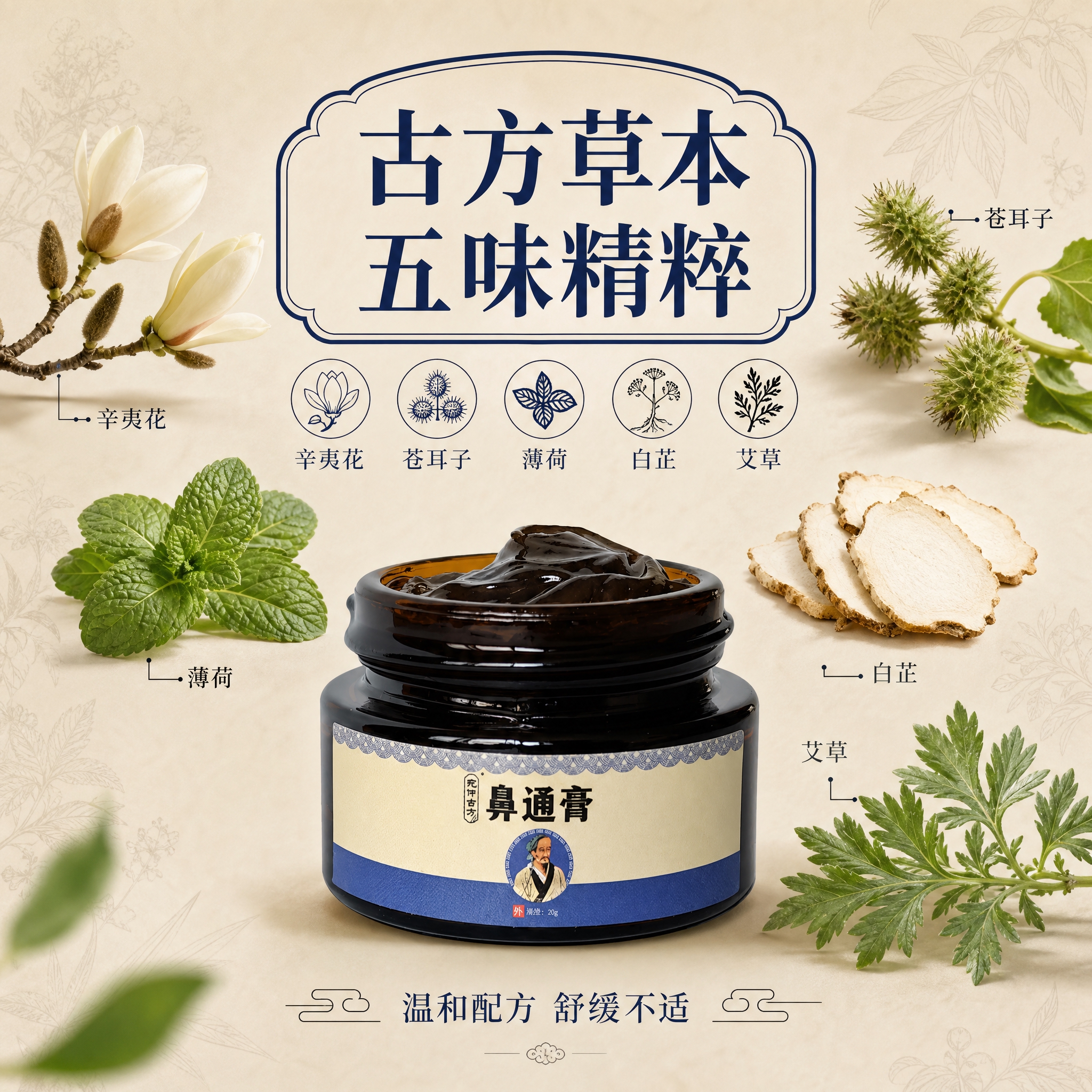 [主图-2] 核心成分解析，展示鼻通膏的草本古方成分，强调天然… - 图片创意预览