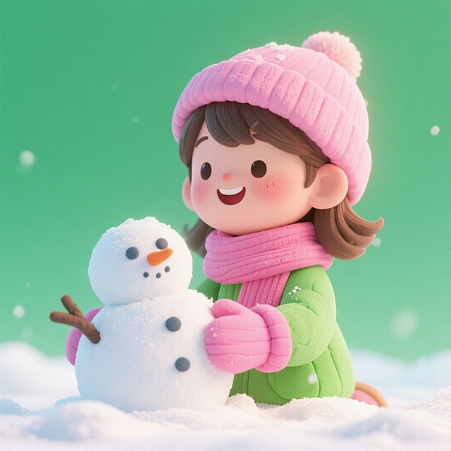 一个萌系小女孩堆雪人。女孩戴着粉色帽子，系着粉色围巾，戴着粉色手套，面带微笑，绿色下雪渐变背景。