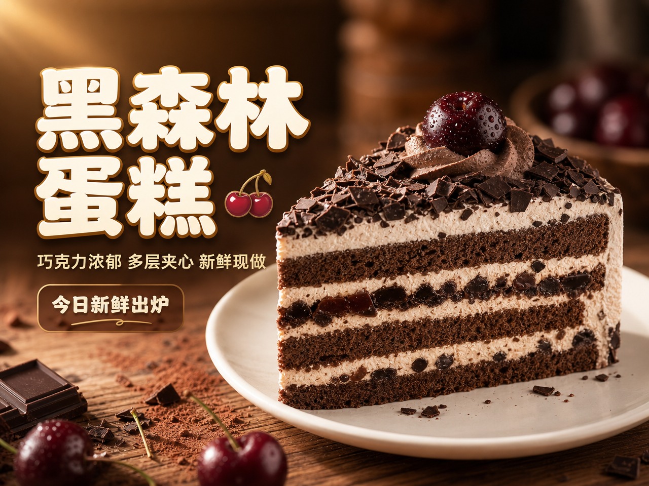 黑森林蛋糕美团外卖横版主图，突出食欲感与点击率，主题为浓郁巧克… - 图片创意预览