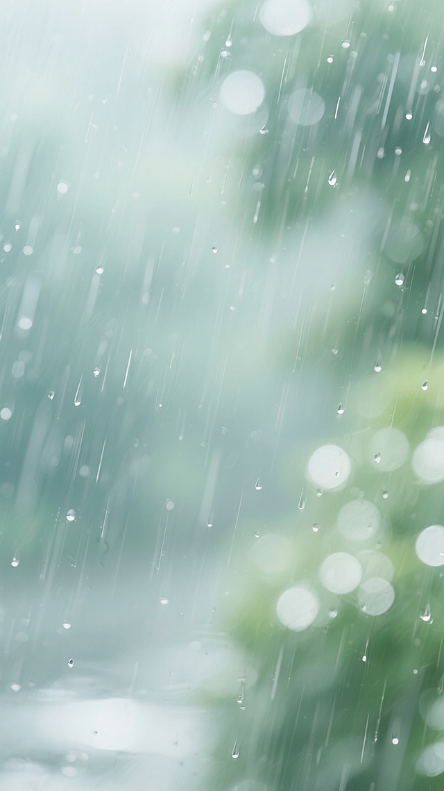 写实摄影风格，不同场景下的雨滴背景，画面中可见细密的雨丝斜落，背景呈现柔和的浅绿与白色光斑交织的朦胧效果，营造出清新湿润的雨天氛围，光线柔和，整体色调淡雅，具有自然的景深和细腻的质感。