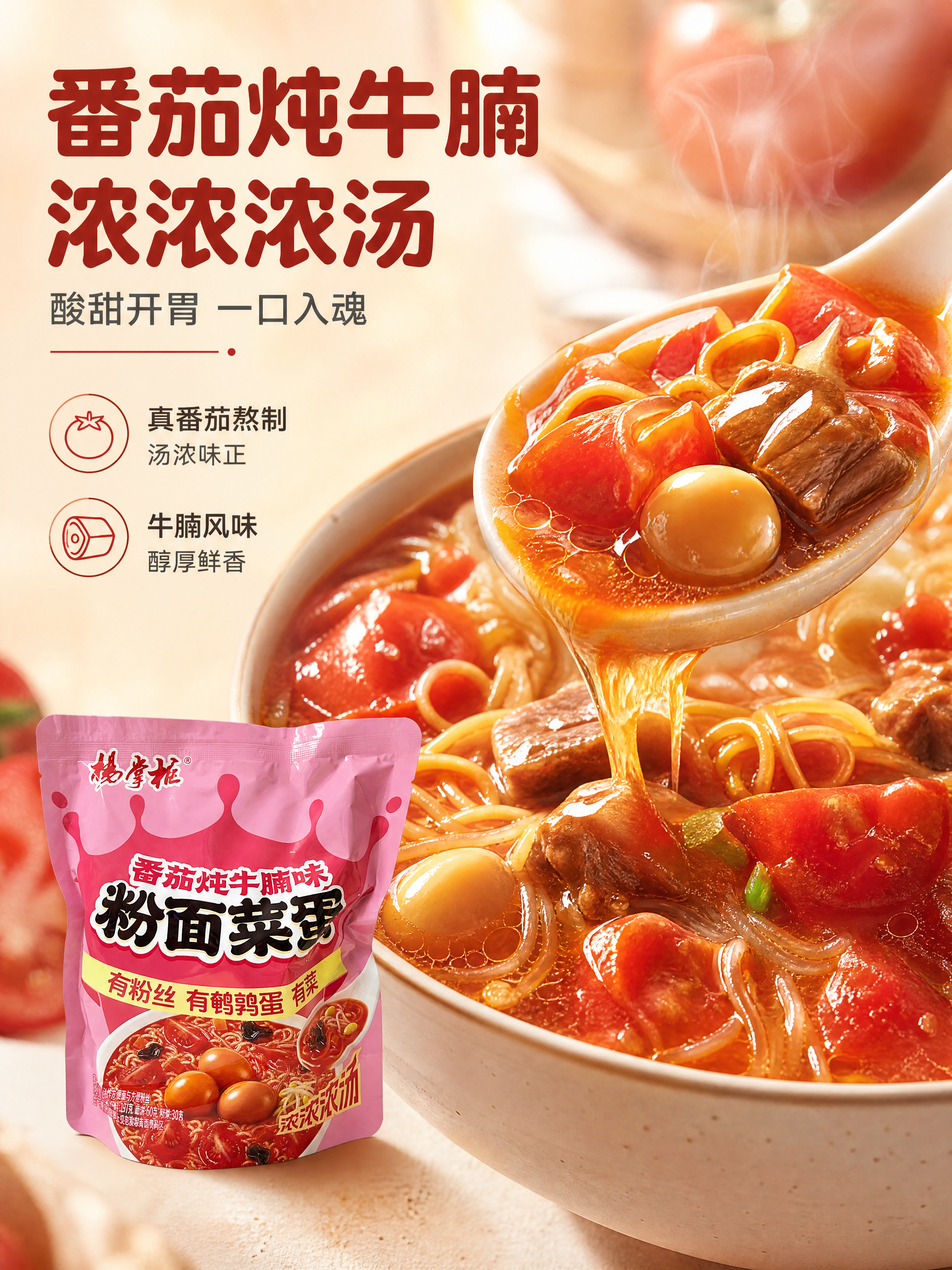 [商品] 使用【图1】杨掌柜番茄炖牛腩味粉面菜蛋袋装方便面；保… - 图片创意预览