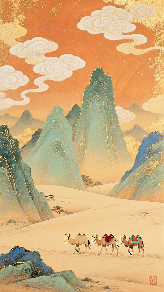 敦煌艺术，以橙色、黄、绿为主色调，连绵起伏的山峰，祥云，小小的驼队远行穿越大漠，远景