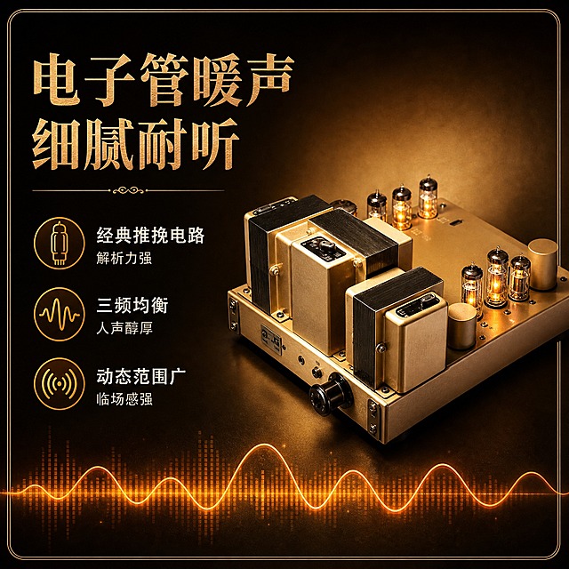 [主图-2] 核心价值 经典电子管暖声音质 突出HIFI发烧级听感体验。
[统一基调] 整体风格为专业品质复古高级感 背景采用深棕色渐变搭配暖金色光晕 标题字色为暖金色 辅助字色为米白色 强调色为琥珀橙 字体为经典衬线体 字号层级分明 卡片采用圆角金属描边样式 整体传递HIFI发烧器材的专业与复古质感。
[画面] 产品位于画面右侧 采用侧面45度角度 展示电子管阵列与变压器结构 产品占画面约50% 左侧为核心价值信息区 上方大标题 电子管暖声 细腻耐听 下方三个支撑卖点 每个配一个小图标 1 经典推挽电路 解析力强 2 三频均衡 人声醇厚 3 动态范围广 临场感强 底部有一条声波可视化图形 从左到右呈现平滑的正弦波曲线 颜色为琥珀橙渐变 电子管灯丝发出温暖的光芒 象征温暖的音质表现。
[光影质感] 商业摄影质感 主光从右侧照射 电子管玻璃通透发光 金属机身呈现细腻的拉丝质感 产品底部有柔和接触阴影 左侧信息区光影均匀 文字清晰可读。
[配色] 深棕色背景主色 暖金色标题 米白色说明文字 琥珀橙声波图形与强调色 产品本身的金色金属与玻璃电子管自然呈现 整体色调温暖统一。
[文字版式] 左侧信息区采用上下结构 主标题最大号暖金色衬线体 三个卖点依次排列 每个卖点前有圆形琥珀色小图标 卖点文字为米白色中号字体 声波图形在最下方 整体左对齐 文字不遮挡产品。
[输出要求] 比例1:1 文字清晰可读 产品清晰锐利 禁止变形 错字 模糊 杂乱背景 水印 平台Logo 禁止出现绝对化用语如最好 第一 顶级 禁止虚构参数数据。