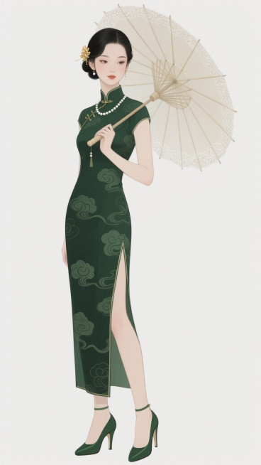中国风插画风格，一位身着墨绿色祥云图案旗袍的年轻女子，旗袍开衩至大腿，搭配墨绿色高跟鞋，手持一把米白色蕾丝花边油纸伞，乌黑长发挽起并插有金色发饰，颈戴珍珠项链，面容温婉，眼神柔和，整体画面色彩和谐，线条流畅，人物姿态优雅端庄，背景为纯白色，凸显主体人物，具有古典雅致的韵味。预览效果
