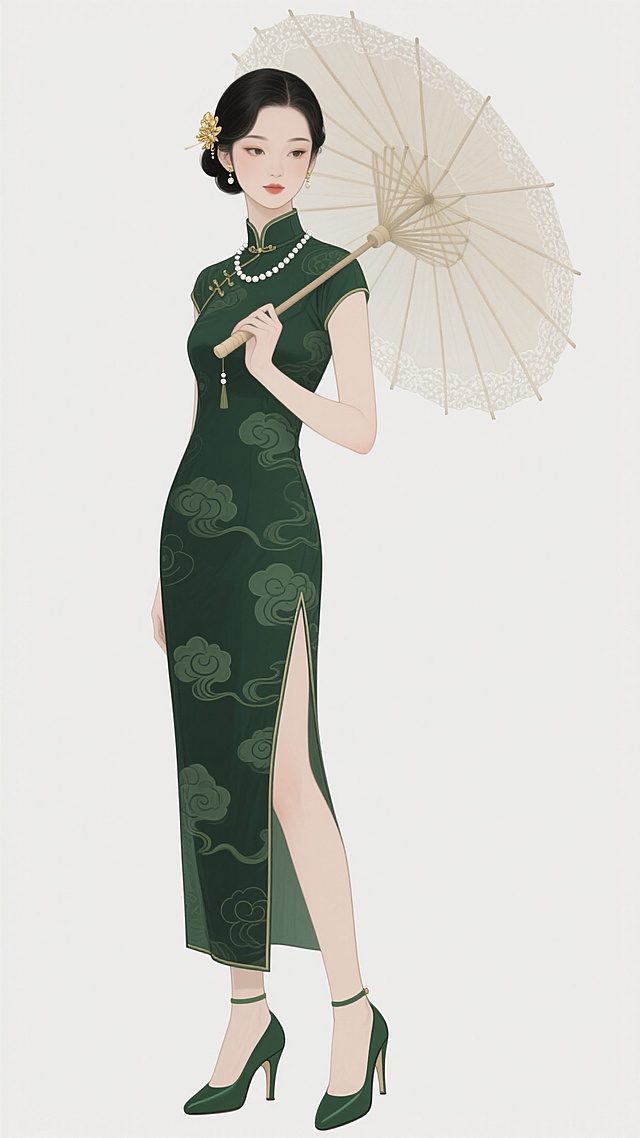中国风插画风格，一位身着墨绿色祥云图案旗袍的年轻女子，旗袍开衩至大腿，搭配墨绿色高跟鞋，手持一把米白色蕾丝花边油纸伞，乌黑长发挽起并插有金色发饰，颈戴珍珠项链，面容温婉，眼神柔和，整体画面色彩和谐，线条流畅，人物姿态优雅端庄，背景为纯白色，凸显主体人物，具有古典雅致的韵味。