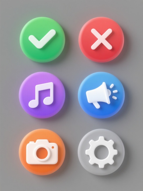 一组六个软3D风格图标系列素材集合，规整排布在纯色背景上。每个图标均为圆形设计，拥有柔和的渐变色彩、轻微的立体凸起效果和细腻的高光处理，整体呈现简洁现代的视觉风格。图标内容分别为：绿色圆形背景上的白色对勾“正确”图标，红色圆形背景上的白色叉号“错误”图标，紫色圆形背景上的白色音乐符号图标，蓝色圆形背景上的白色喇叭图标，橙色圆形背景上的白色相机“拍照”图标，以及灰色圆形背景上的白色齿轮“设置”图……预览效果