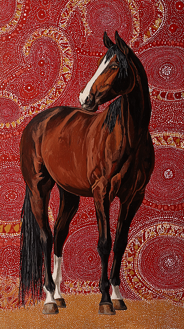 厚涂风油画质感骏马，融合民族点绘背景，复古与唯美感交织，立体主义构图展现优雅文艺气息。