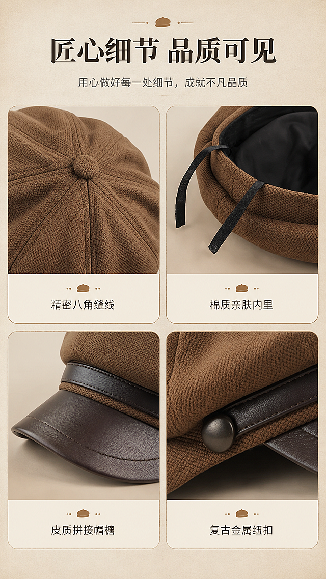 [商品] 使用【图7】【图8】棕色八角贝雷帽细节图；商品处理：保留帽顶八角缝线、皮质帽檐、侧边纽扣、后部调节带、棉质内里、面料纹理和棕色；增强细节清晰度和材质质感，不改变结构。
[画面] 目标：材质细节页，四宫格展示四大工艺细节。构图：2×2四宫格布局，每格一个细节特写，格间有细白边分隔。左上=帽顶八角缝线，右上=棉质内里+调节带，左下=皮质帽檐拼接，右下=侧边纽扣。顶部有标题区。背景为浅米色纸张质感。
[视觉] 套系策略：风格=韩系简约明亮复古画报；标题字=现代简约宋体粗体（带文艺感）；正文字=简洁无衬线体；主色=暖米棕；背景延展=基于暖米棕做深浅层级、同色渐变和细腻纸张/织物质感；强调色=焦糖棕，仅用于小面积图标、引线和标签；标题色=深棕黑；正文色=中暖灰；组件=圆角浅底信息卡、细线引线、复古标签；光影=柔和顶光突出材质纹理。
[文字] 顶部主标题"匠心细节 品质可见"。每格下方配短标签：「精密八角缝线」「棉质亲肤内里」「皮质拼接帽檐」「复古金属纽扣」。文字横排，字号适中手机端可读。
[规格] 图片比例9:16竖版，4K，medium，避免变形、错字、文字过小、冷蓝背景、帽子颜色改变、版型失真、极限词。