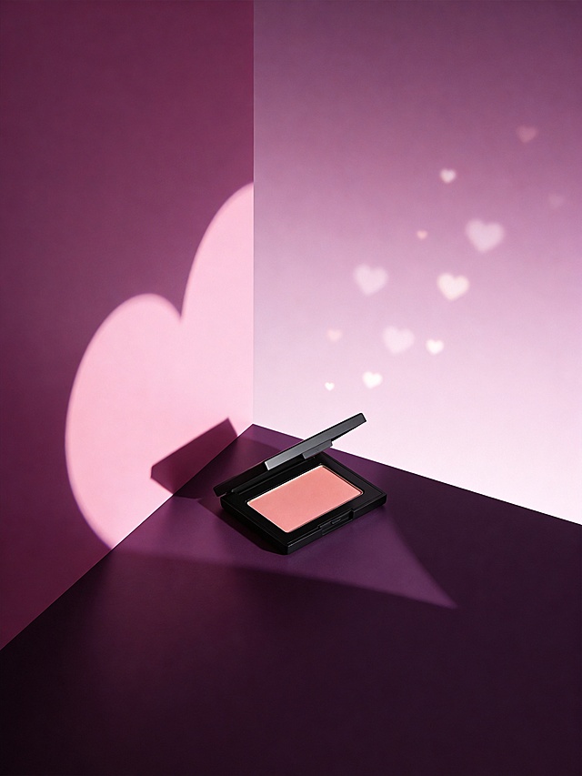 浪漫轻奢风商业产品摄影风格，画面以浅渐变紫粉色为背景主色调，整体色调柔和且富有高级感。采用俯视斜拍的视角，主体置于画面中下部的深紫色哑光靠墙平面上，左侧是粉紫色墙面，呈自然倾斜角度。光投射爱心形状的光在墙面上，边上点缀一点小爱心光斑，光影采用柔和，与背景色调自然融合。
