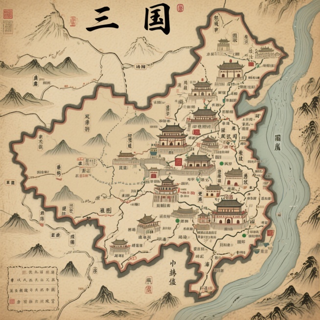 三国时期详细地图，包含主要城池、山脉、河流、交通要道，标注州郡名称，采用传统古地图风格，线条古朴，色彩沉稳，具有历史厚重感预览效果