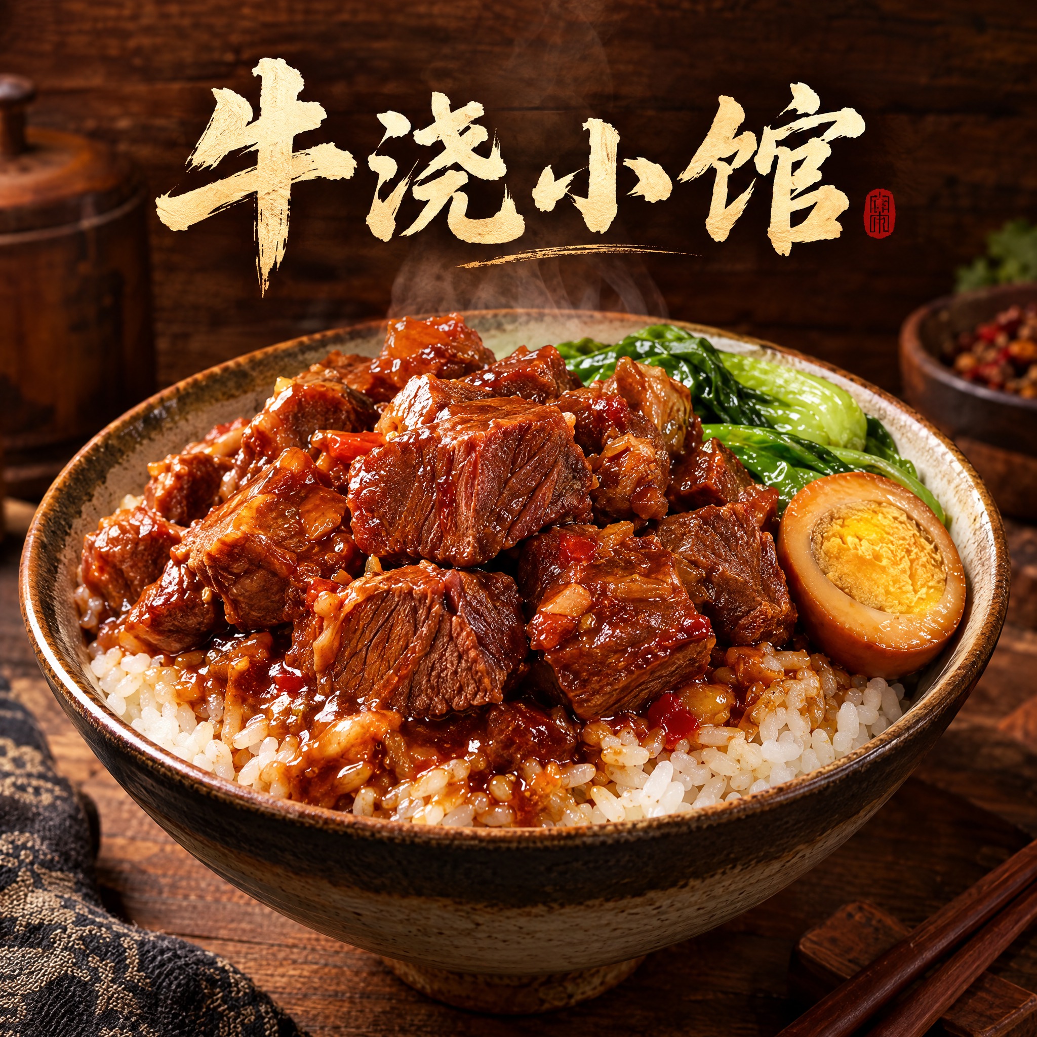 美食餐饮品牌头像设计，店名"牛浇小馆"，以一碗热气腾腾的牛肉浇… - 图片创意预览