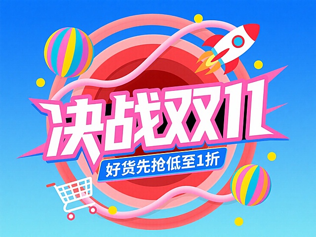 白色、粉色搭配主标题“决战双11”，后方红色层次圆形装饰，周围装饰有火箭、彩色条纹球体、购物车等元素，点缀黄色小点，下方白色小字“好货先抢低至 1 折”，蓝色描边，蓝色渐变背景