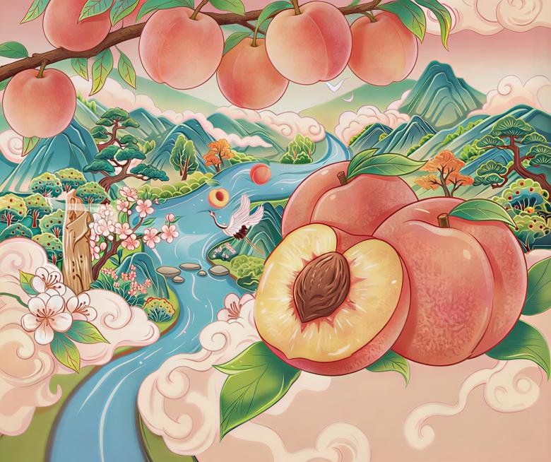 调整图片上方树枝上桃子的造型和生长布局，修改为更符合真实水蜜桃在树枝上自然生长的形态，调整大小比例和排列方式，保持国潮插画风格和下方内容不变，让上方桃子看起来更自然真实预览效果