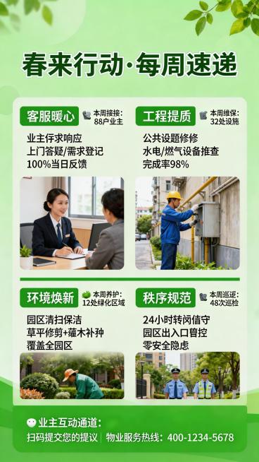 优化社区物业服务周报宣传海报，保留主题“春来行动·每周速递”，四个模块（客服暖心、工程提质、环境焕新、秩序规范）每个模块增加明确数据小标题，图片位置与文案区域划分更清晰，模块之间增加绿色分割线，整体风预览效果