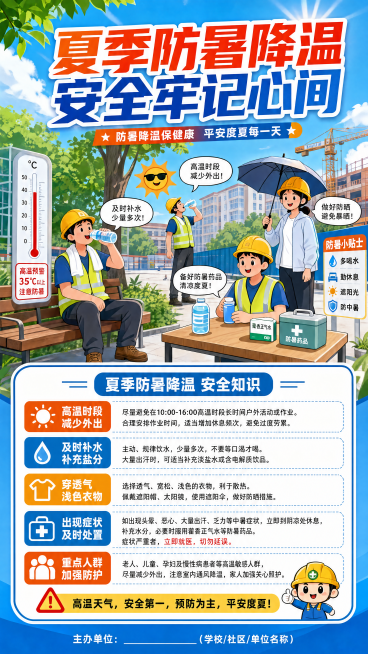 设计竖版安全宣传展板，比例高度2米宽度1米，上方是夏季防暑降温主题卡通漫画，下方是文字宣传防暑安全知识，风格参照参考图，版式为上漫画下文字，标题醒目清晰，整体为安全教育宣传风格预览效果