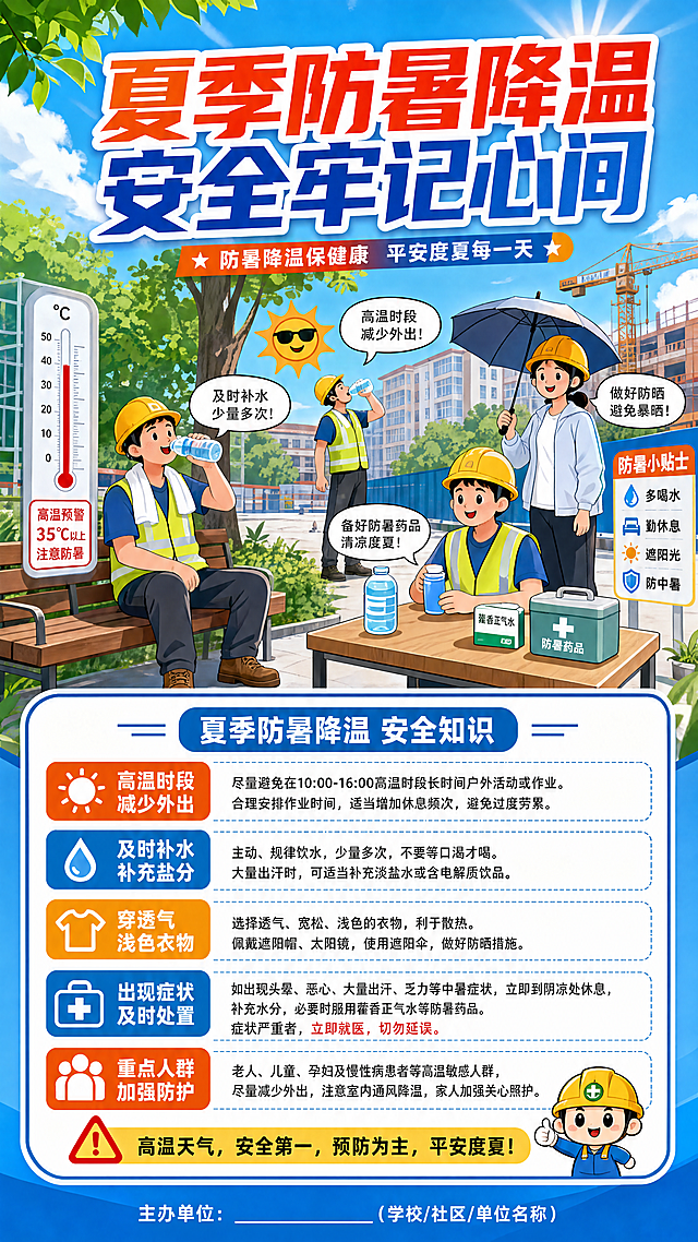 设计竖版安全宣传展板，比例高度2米宽度1米，上方是夏季防暑降温主题卡通漫画，下方是文字宣传防暑安全知识，风格参照参考图，版式为上漫画下文字，标题醒目清晰，整体为安全教育宣传风格