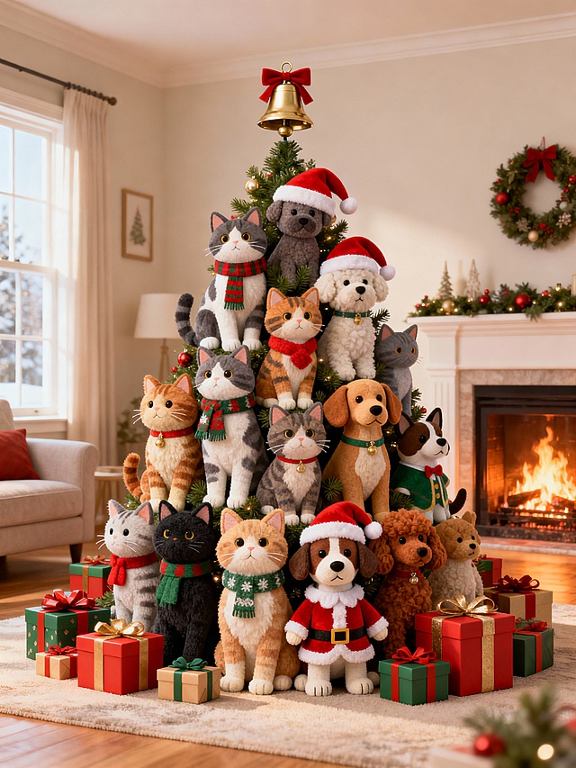 jellycat风格。全景构图。圣诞树由各种品种的猫和狗组成。顶部是一个铃铛。每只猫狗各有差异，有的戴着圣诞风的围脖，有的戴着圣诞帽子，有的穿着圣诞礼服。周围摆着很多礼物盒子。背景是温馨的家里，壁炉烧着火。