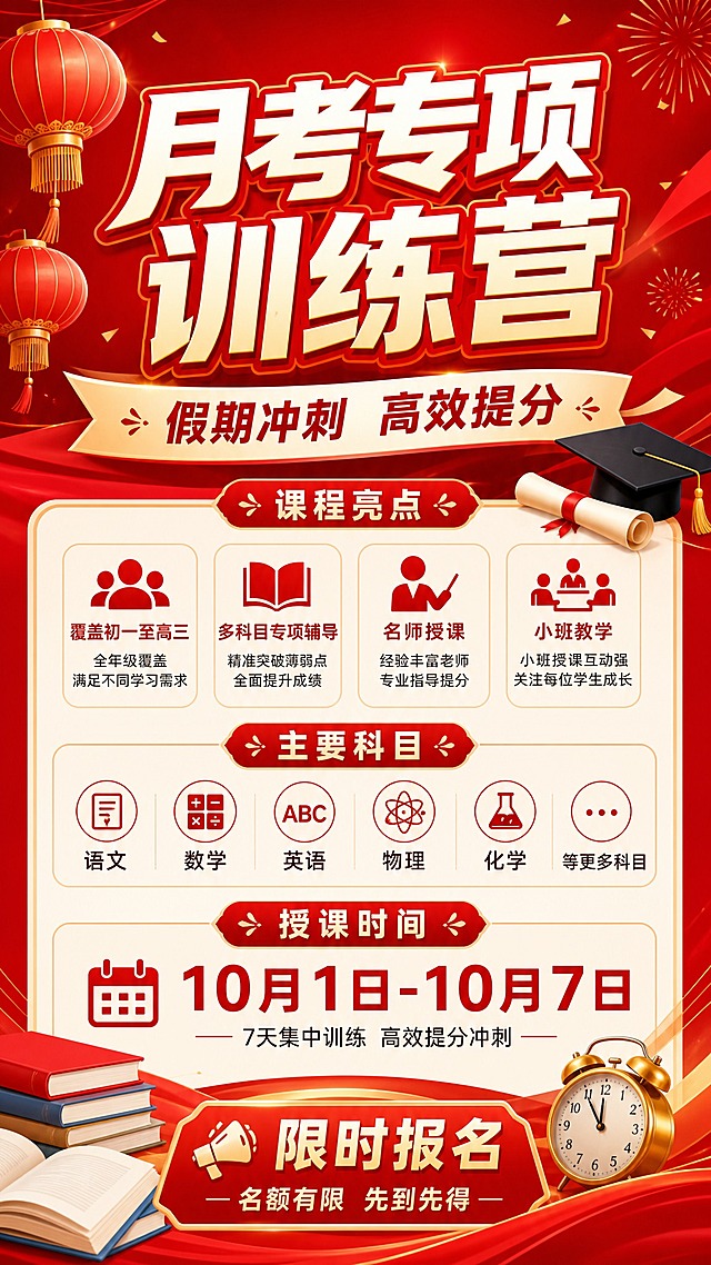 教育培训海报，竖版，红色喜庆风格，主题为假期月考专项训练营，顶部醒目大标题"月考专项训练营"，副标题"假期冲刺 高效提分"，中间展示课程亮点：覆盖初一至高三全年级、多科目专项辅导、名师授课、小班教学，下方列出主要科目语文数学英语物理化学等，标注授课时间10月1日-10月7日，底部有"限时报名"引导，背景有书本、灯笼、毕业帽等学习元素，整体竖版构图，适合手机端传播，文字清晰醒目