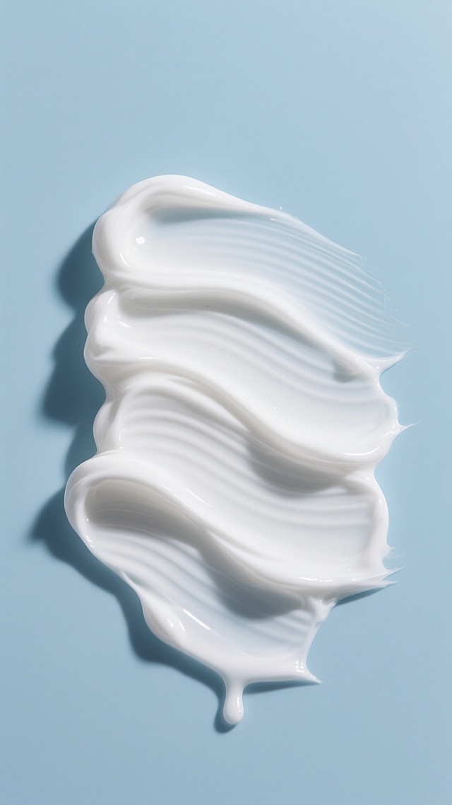 高光泽度的白色膏体，呈现出不规则的波浪状堆叠造型，表面有细腻的拉丝纹理和柔和的高光，膏体边缘微微卷起，带有自然的滴落感，放置在纯净的浅蓝色背景上，光线从左上方照射，形成清晰柔和的阴影，整体画面简洁干净，具有高级的质感和简约的设计感。