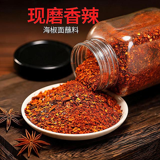 瓶装海椒面蘸料产品展示，打开瓶口倒出辣椒面，棕色木纹场景，食欲感美食摄影，卖点"现磨香辣"，淘宝主图