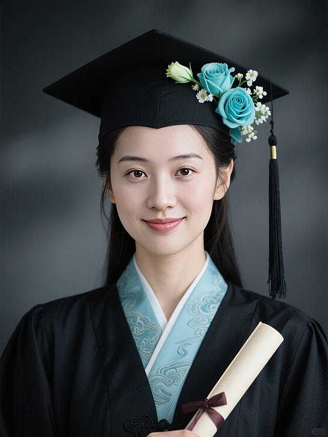 女生证件照，黑色学士袍，内衬是天青色汉服，鬓角和帽子上簪青色洋桔梗和青色玫瑰、白色小花，学士帽穗子，手执卷轴，领口复古花纹，黑灰色朦胧背景。