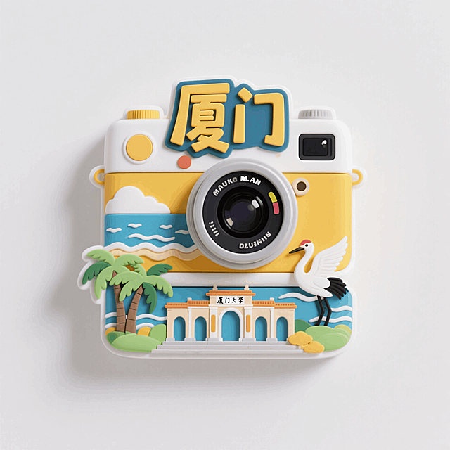 立体橡胶冰箱贴，复古相机造型，文字内容为“厦门”，相机上装饰大海、白鹭、厦门大学校门元素，配色鲜艳明亮