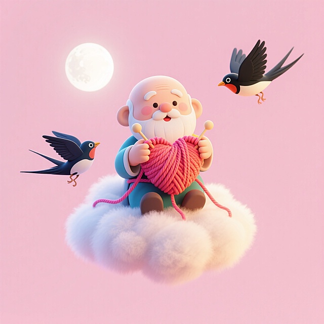 半空中，可爱的月老坐在祥云上用毛线织着一个爱心造型，旁边飞着两只肥喜鹊。浅粉色背景