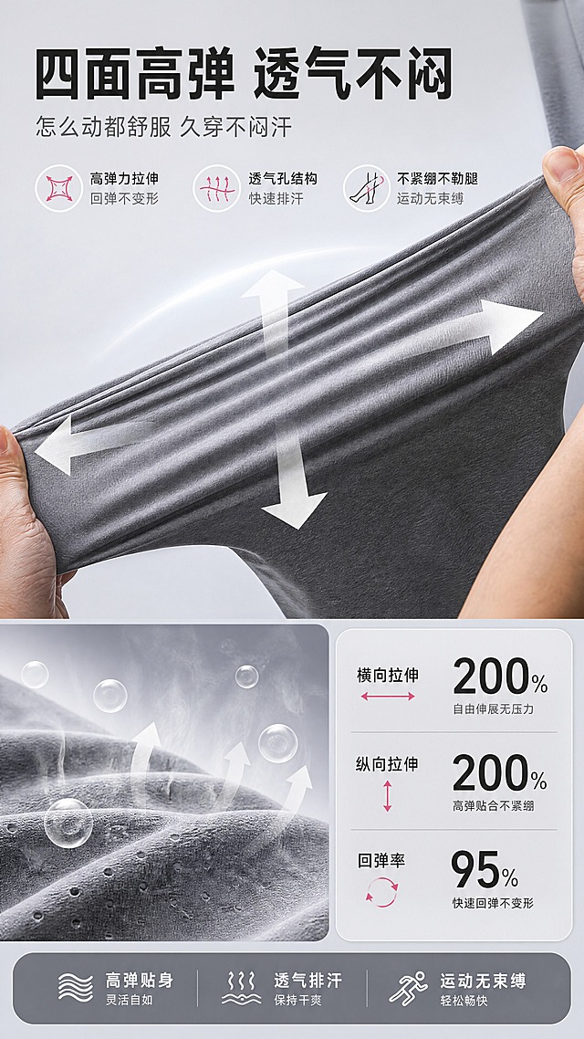 [商品] 使用【图8】双手拉伸秋裤面料的弹力测试图+【图5】面料平铺；保留灰色面料、双手拉伸动作、面料弹性纹理；增强拉伸状态下面料的弹力质感和回弹感。
[画面] 页面目标：高弹透气卖点，展示四面高弹+透气不闷。构图：上半部分双手横向拉伸面料的动态画面（占画面45%），展示弹力；下半部分左侧透气示意（蒸汽/气泡穿过面料），右侧弹力数据卡片。背景：浅灰渐变，动态感光影。
[视觉] 套系策略：风格=国内电商高级男士内衣商业摄影风；标题字=粗黑无衬线黑体；正文字=简洁无衬线中黑体；主色=高级深灰+浅灰；背景延展=基于灰调做深浅渐变、哑光质感、柔和光影层次；强调色=山茶花粉色（仅用于小面积图标、引线、标签点缀）；标题色=炭黑色；正文色=中灰色；组件=圆角浅灰信息卡、细直线引线、简约线性图标；光影=左前侧柔和自然光，产品底部有自然投影。
[文字] 顶部主标题"四面高弹 透气不闷"，副标题"怎么动都舒服 久穿不闷汗"。卖点卡片："高弹力拉伸 回弹不变形""透气孔结构 快速排汗""不紧绷不勒腿 运动无束缚"。配弹力方向箭头和透气气泡示意。全部横排。
[规格] 图片比例9:16竖版，4K，负向提示：避免模特全身、低俗擦边、极限词、错字、文字过小、面料颜色改变、纯白底、平台Logo水印。