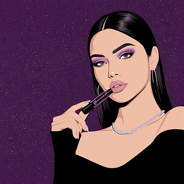 A contemporary cartoon illustration for a makeup campaign. Stylized close-up of a woman with sleek black hair in a black top. She elegantly holds a branded black lip gloss tube, applying the shiny plum-colored product to her lips. Her makeup is the star: vibrant purple shimmer eyeshadow and glossy lips are rendered with exquisite detail. A chic silver necklace adds a touch of bling. The background is a solid deep purple with subtle, sophisticated glitter texture. The artwork is clean, stylish, and focuses squarely on showcasing the luxurious quality and color of the cosmetic product.
